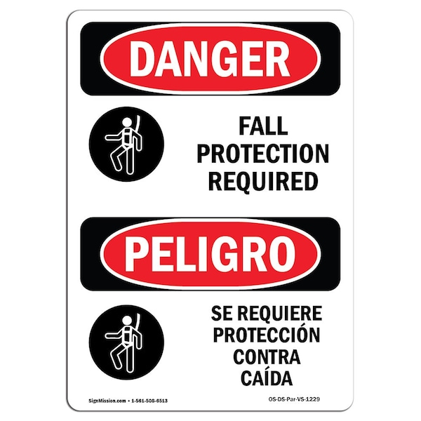 OSHA Sign, Fall Protection Required Bilingual, 14in X 10in Aluminum, 10" W, 14" H, Bilingual Spanish
